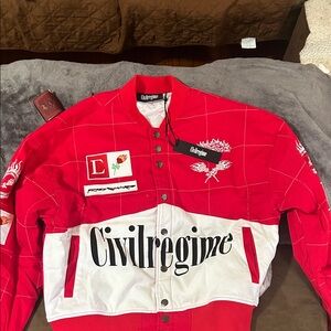 Civil Regime Men's Red and White Bomber Jacket